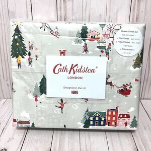 NEW!! Cath Kidston London Snow Day Duckegg Queen Sheet Set Christmas Winter Town